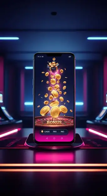 Joueur sur smartphone profitant d'un bonus de tours gratuits au Nine Casino, avec des symboles de machines à sous affichés à l'écran. La main tient le téléphone en mode portrait.