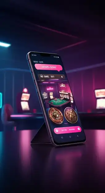 Interface de l'application mobile Nine Casino affichant des machines à sous colorées et un solde de compte, optimisée pour un écran de smartphone.